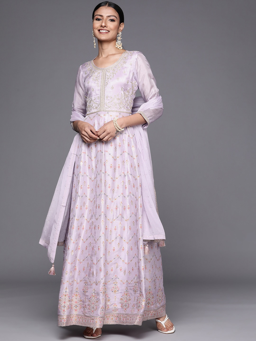 

Libas Ethnic Motifs Embroidered Zari Sequined Pure Silk Kurta with Churidar & Dupatta, Lavender