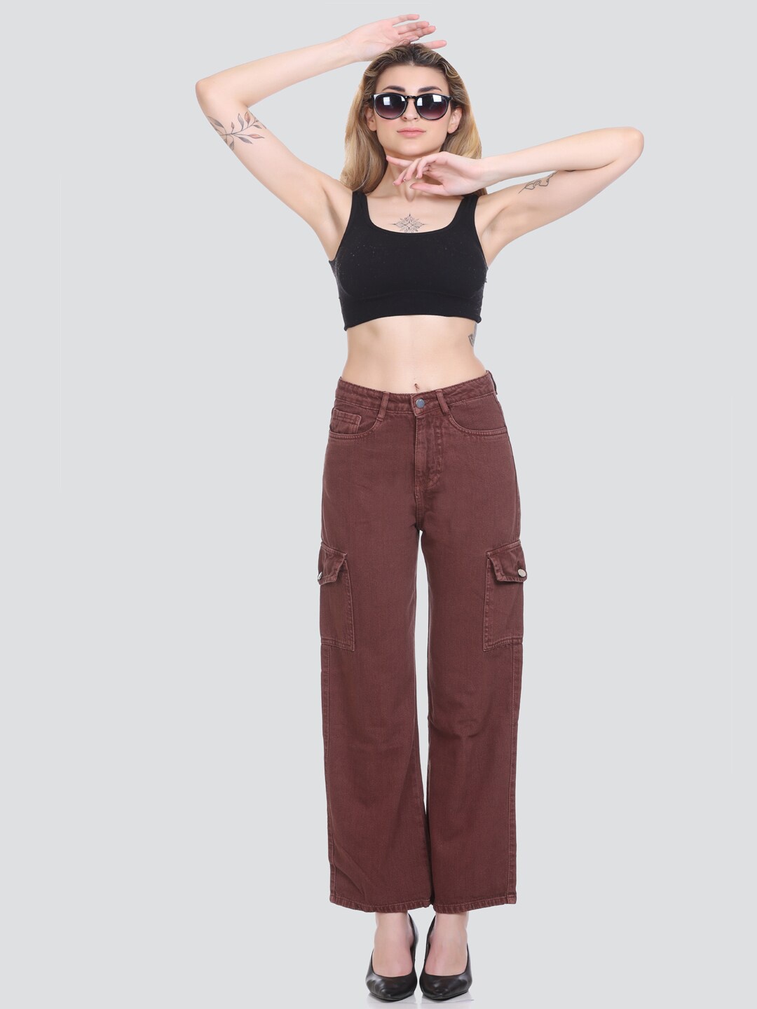 

HONNETE Women Lean Mid-Rise Wide Leg Denim Jeans, Brown