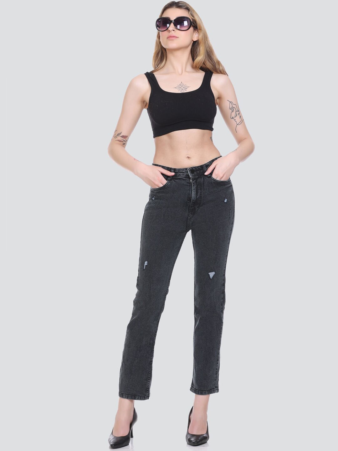 

HONNETE Women Lean Slim Fit Low Distress Stretchable Denim Jeans, Black