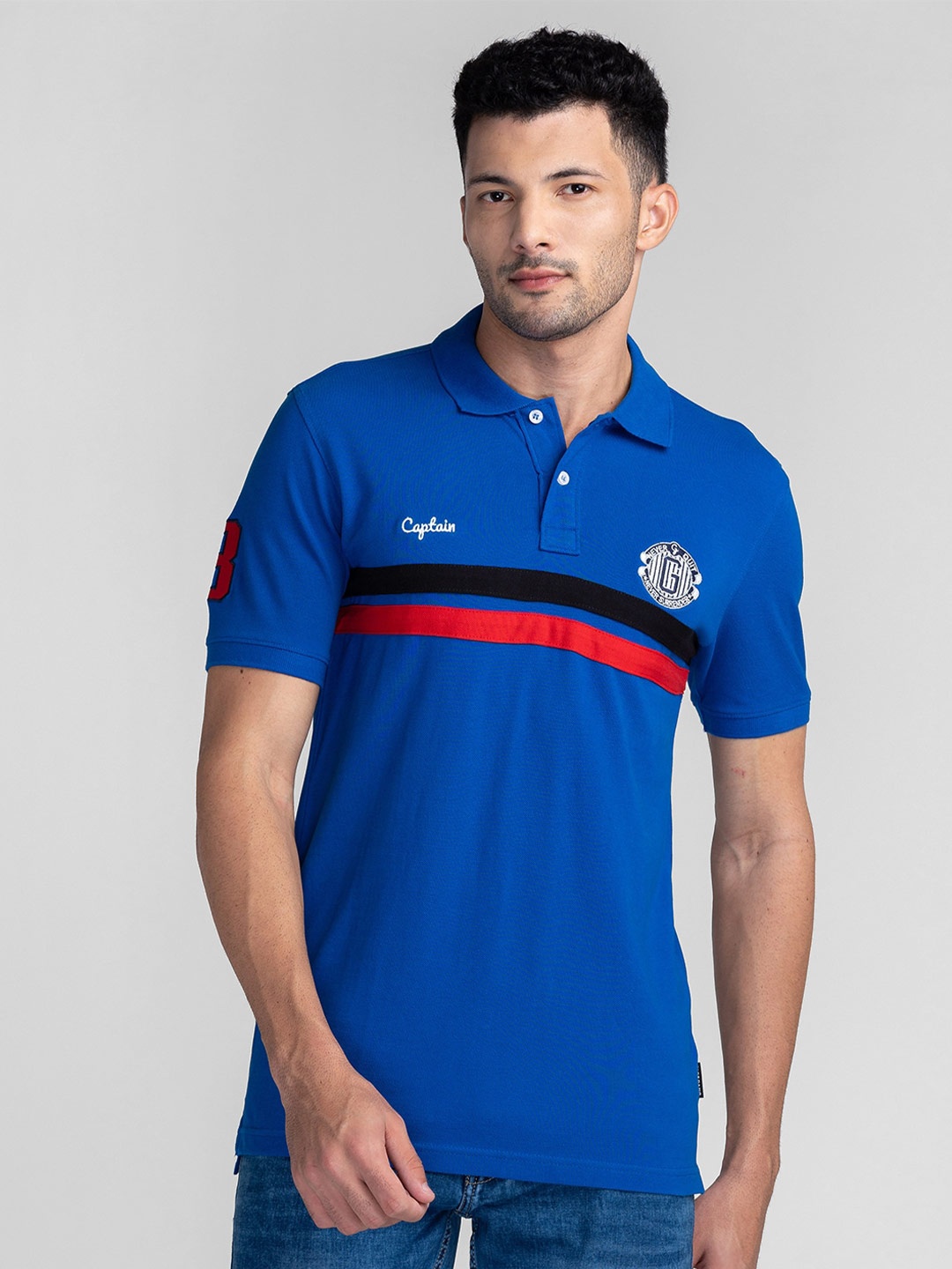 

GIORDANO Striped Polo Collar Slim Fit Cotton T-shirt, Blue
