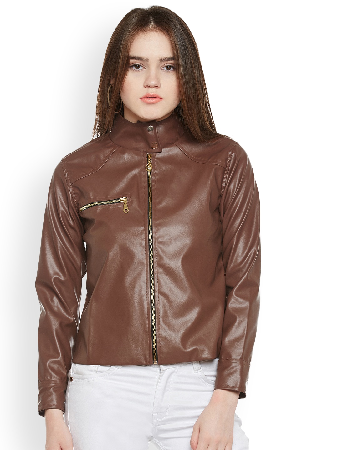

Belle Fille Women Coffee Brown Solid Leather Jacket