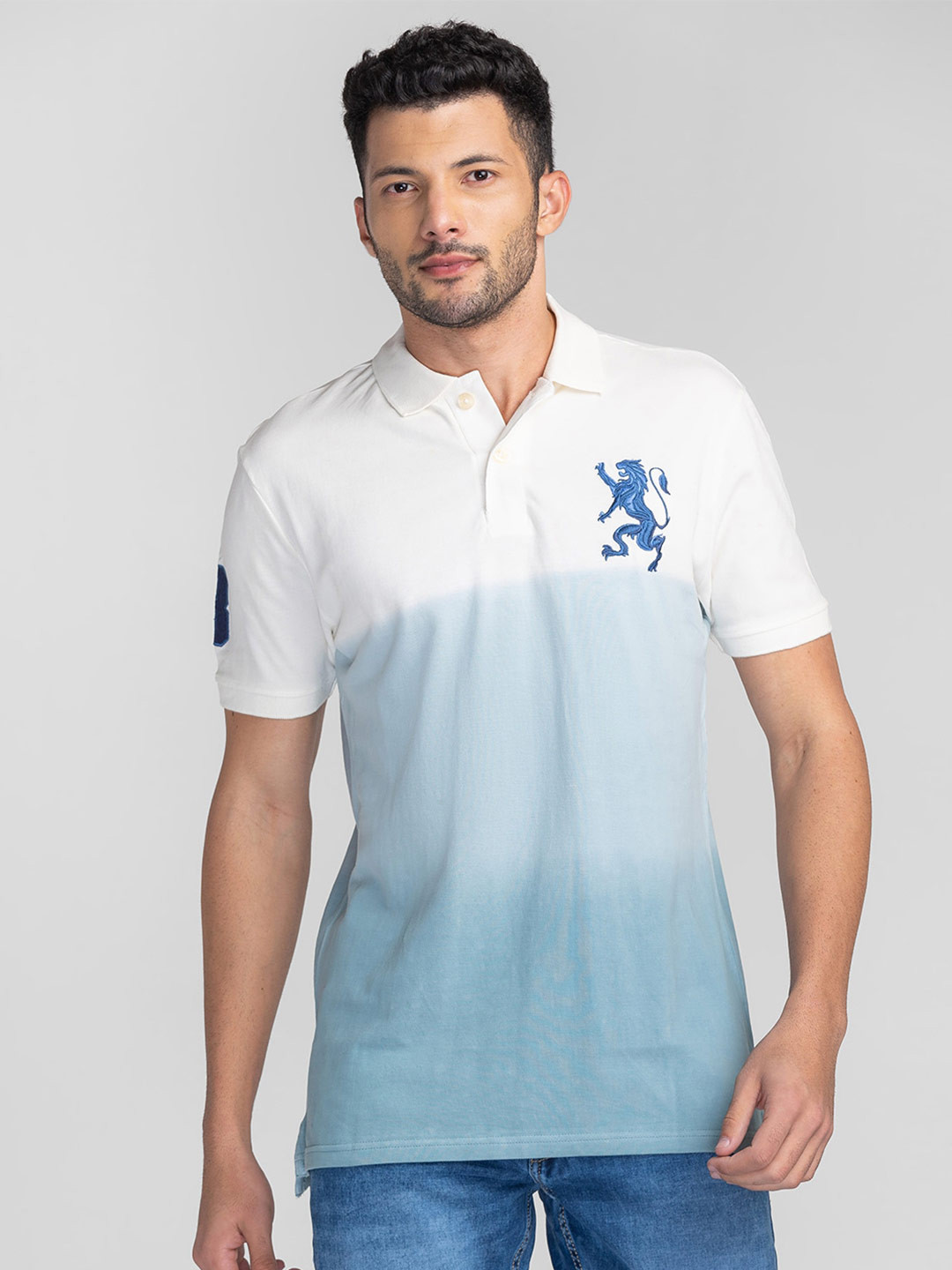 

GIORDANO Logo Printed Tie & Dyed Polo Collar Slim Fit Cotton T-shirt, Blue
