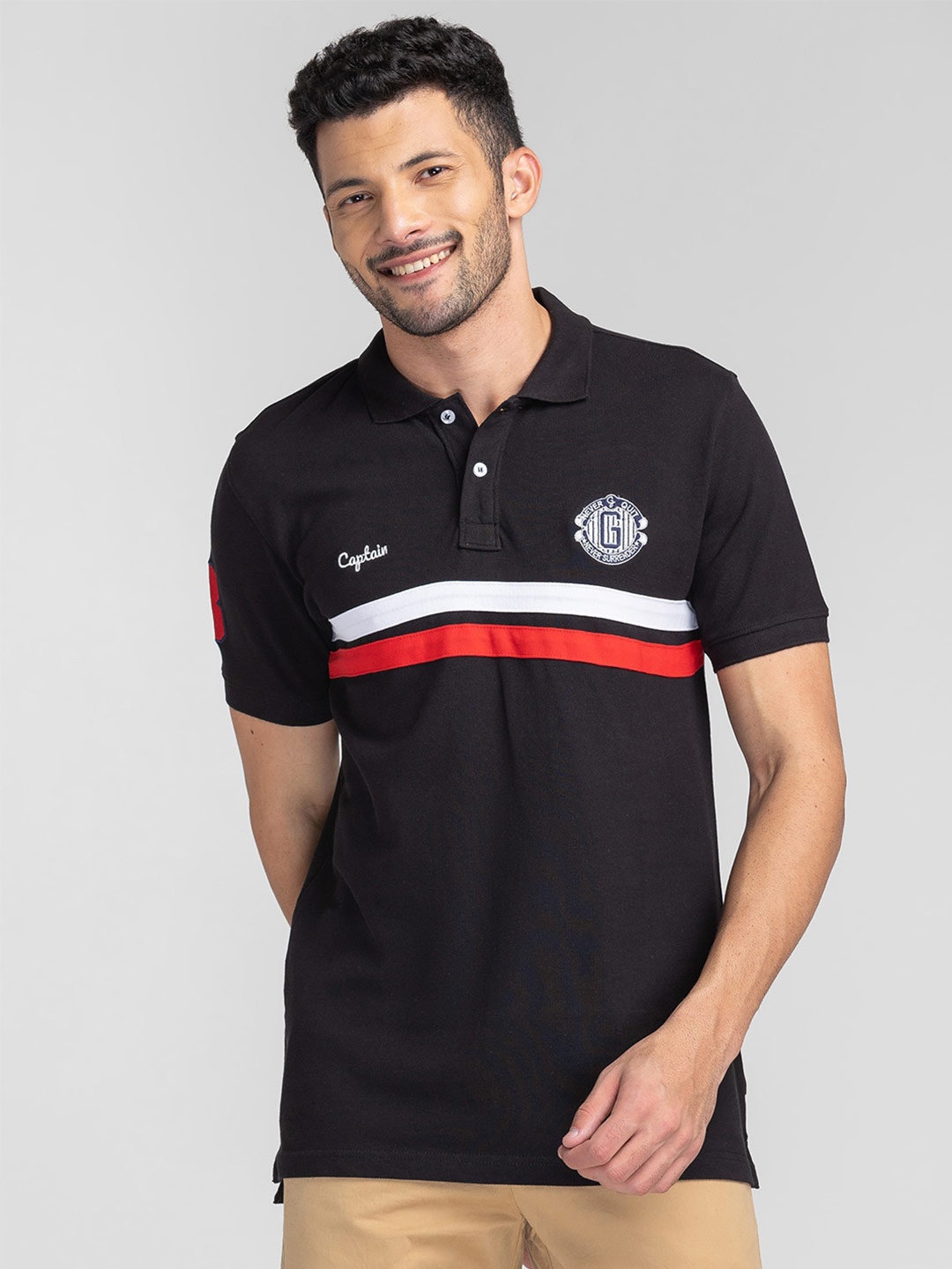 

GIORDANO Striped Polo Collar Cotton T-shirt, Black