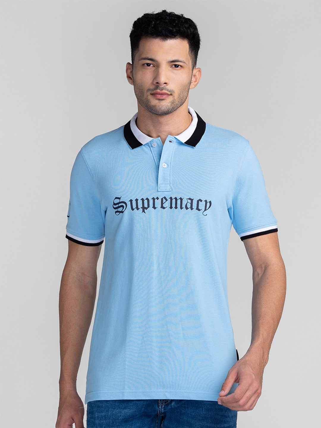 

GIORDANO Typography Printed Polo Collar Cotton Slim Fit T-shirt, Blue