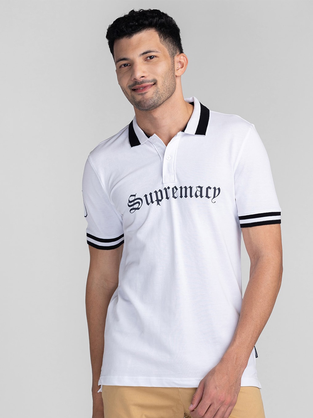 

GIORDANO Typography Printed Polo Collar Cotton Slim Fit T-Shirt, White