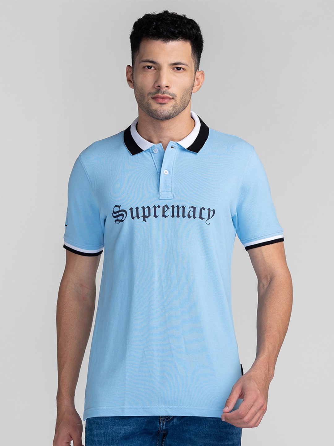 

GIORDANO Typography Printed Polo Collar Slim Fit Cotton T-shirt, Blue