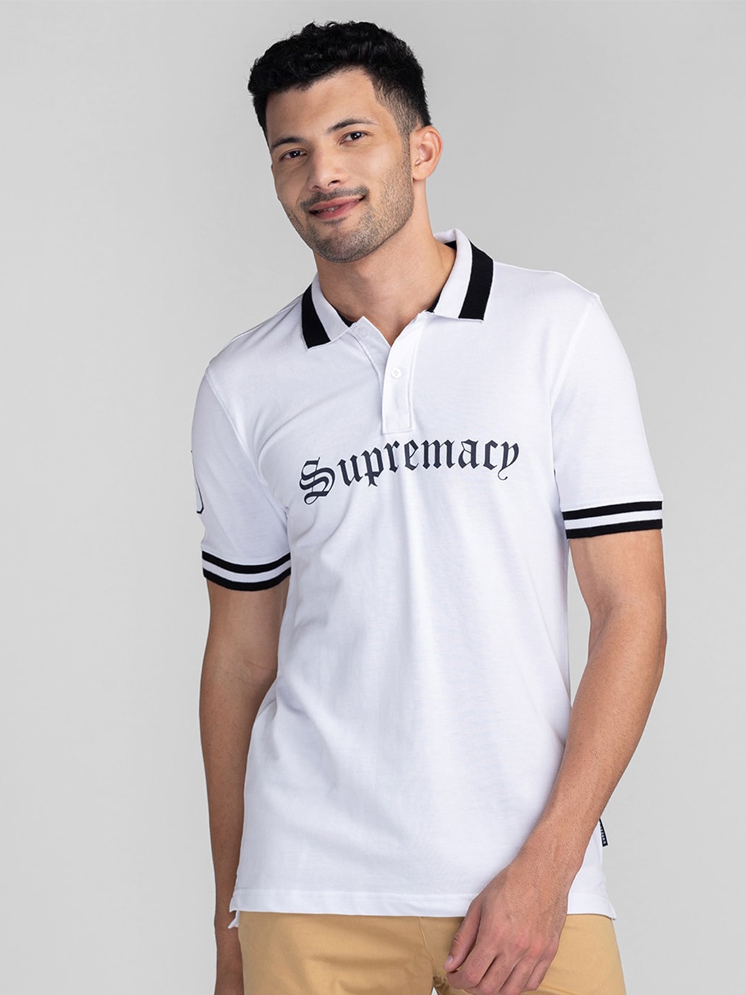 

GIORDANO Typography Printed Polo Collar Cotton Slim Fit T-shirt, White