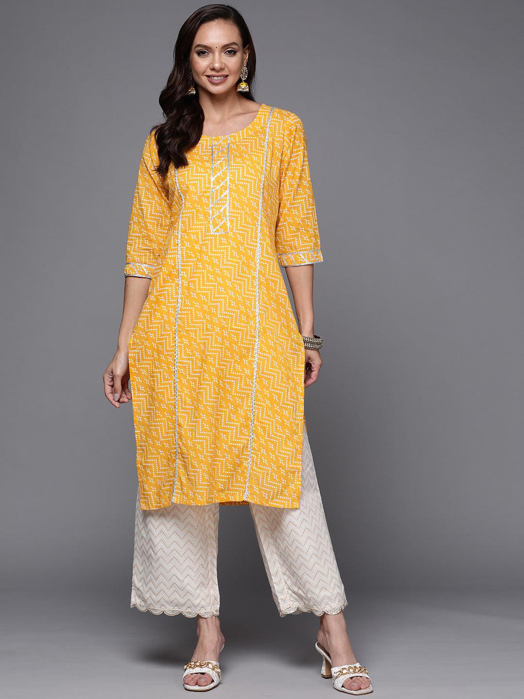 

Libas Women Yellow & White Geometric Printed Gotta Patti Kurta