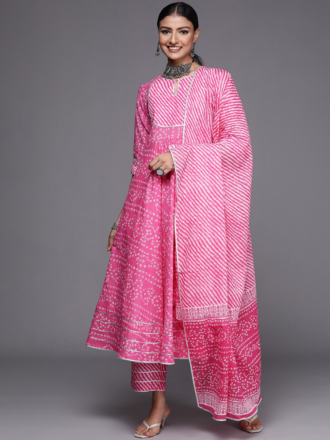

Libas Bandhani Printed Gotta Patti Pure Cotton Anarkali Kurta with Trousers & Dupatta, Pink