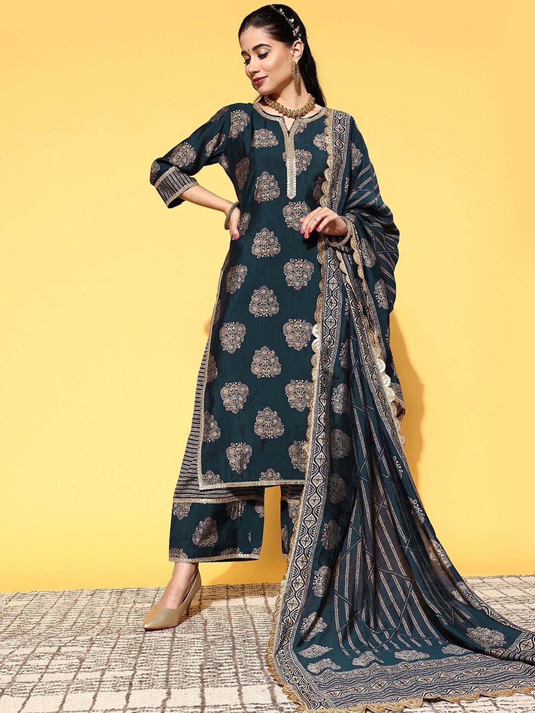 

Libas Ethnic Motifs Printed Sequined Kurta with Palazzos & Dupatta, Teal