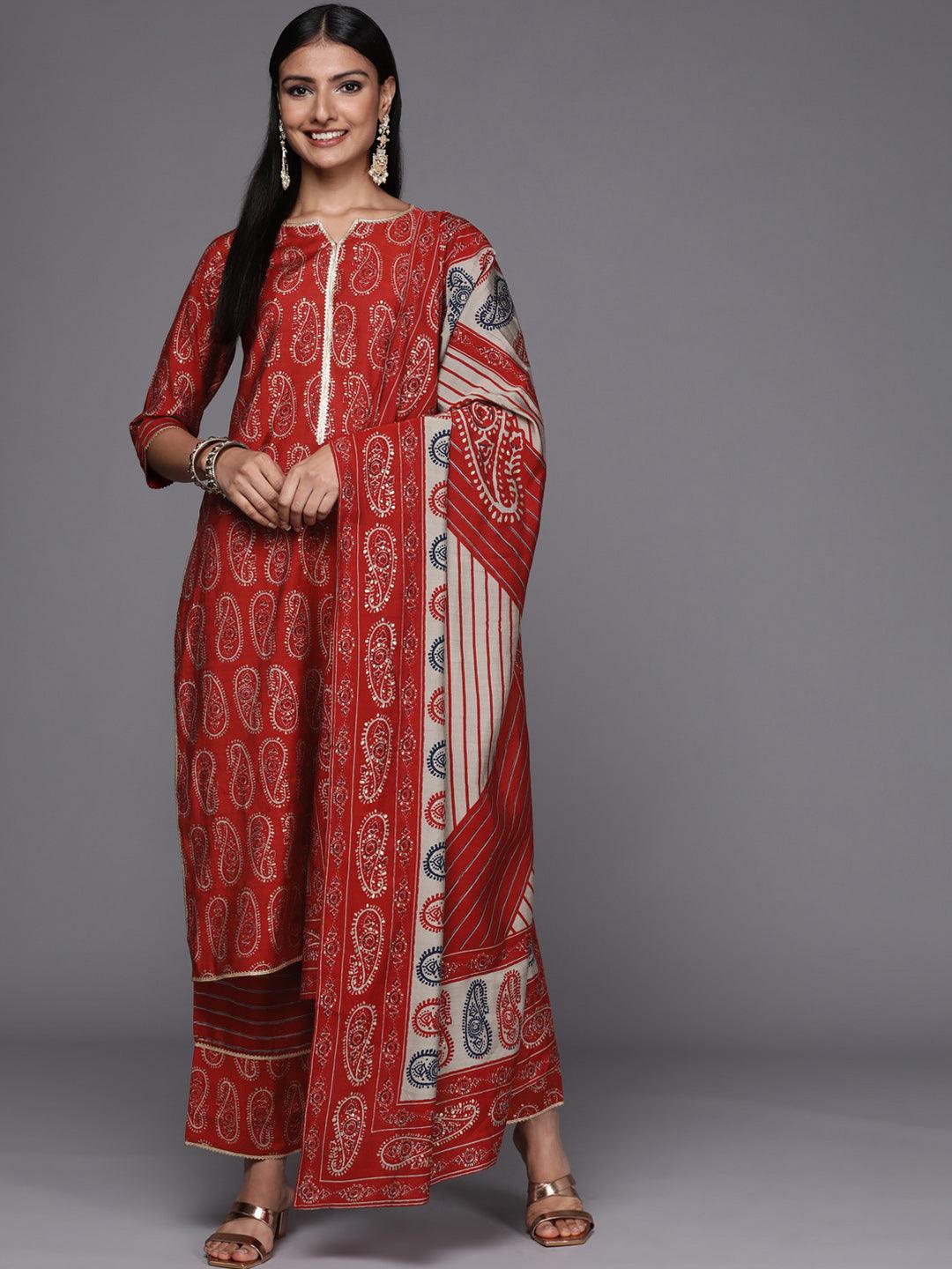 

Libas Paisley Printed Kurta with Trousers & Dupatta, Red