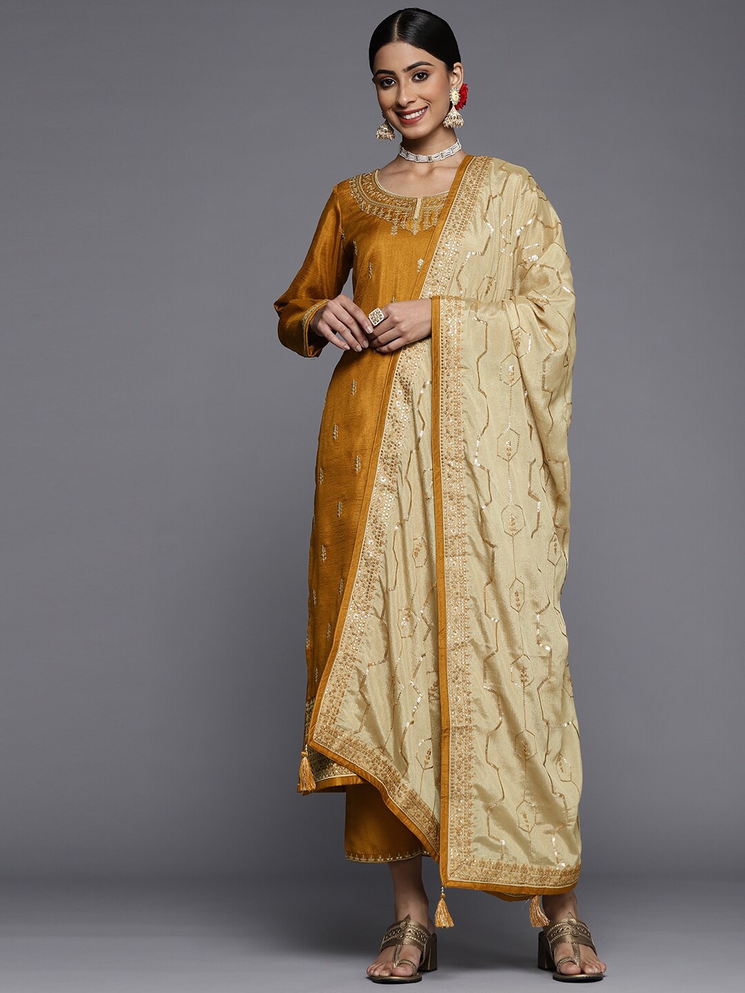 

Libas Floral Embroidered Zari Sequinned Kurta with Trousers & Dupatta, Mustard
