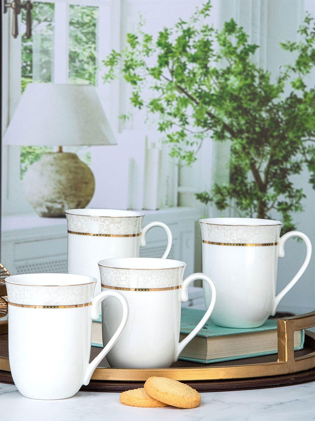 

White Gold 6 Pieces Printed Porcelain Glossy Coffee Mugs 220 ml Each