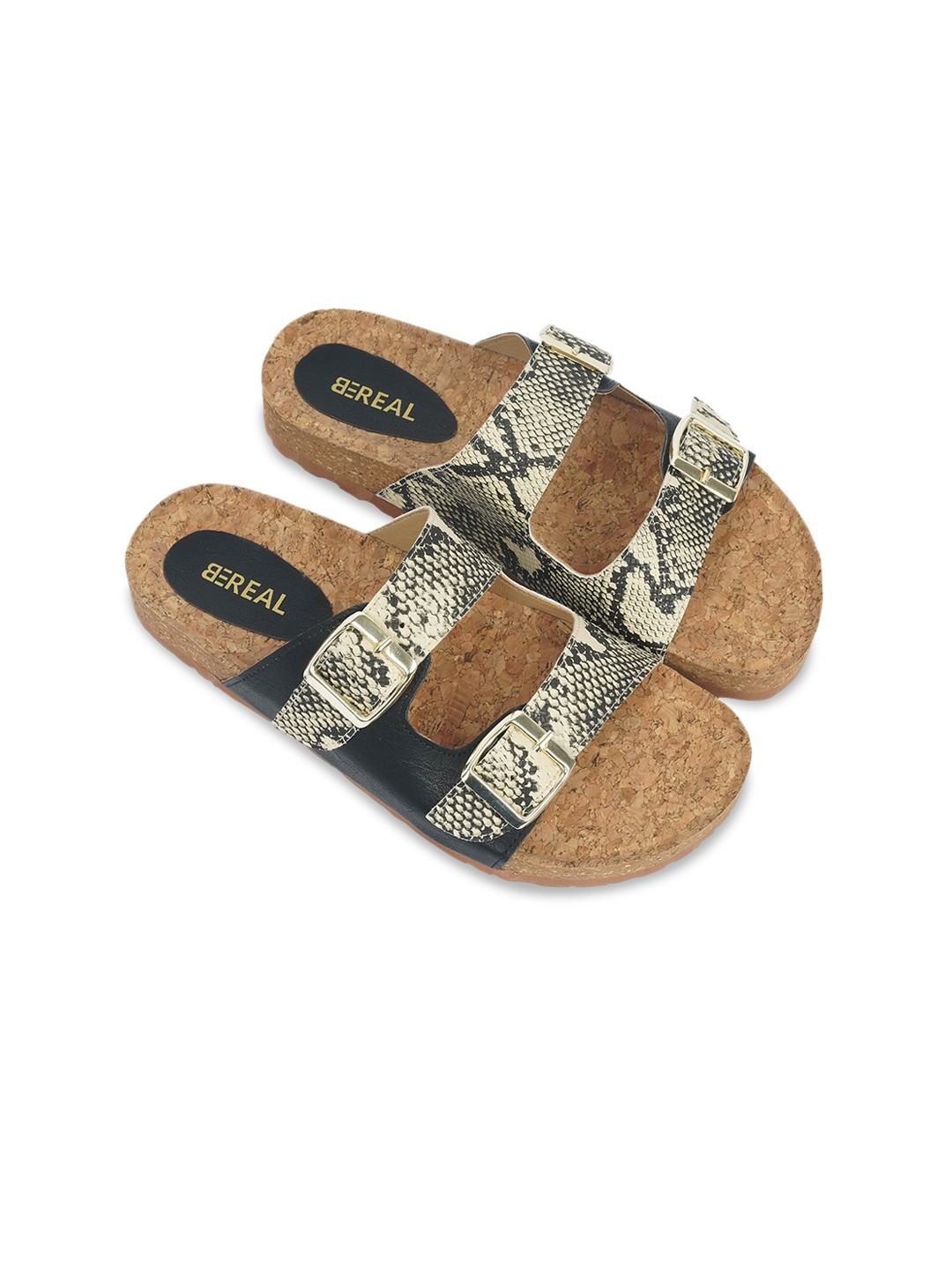 

BEREAL Women Medusa Printed Open Toe Flats, Black