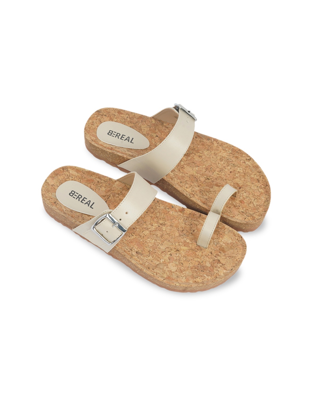

BEREAL Women Open One Toe Flats With Buckles, Cream