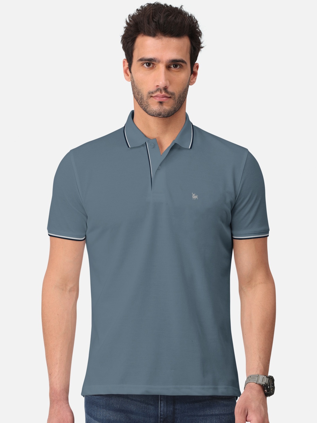 

BULLMER Short Sleeves Polo Collar Cotton T-shirt, Blue