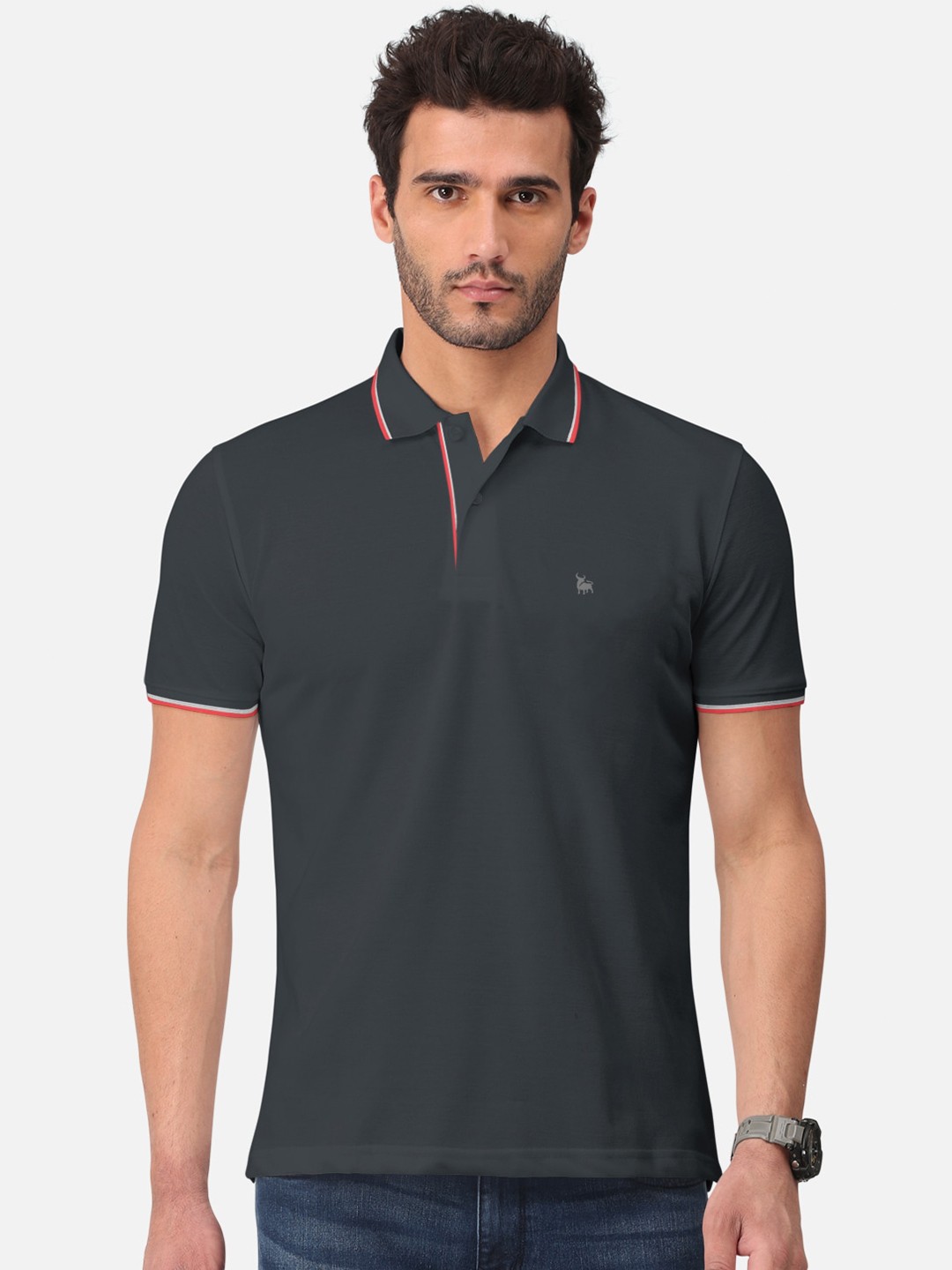

BULLMER Short Sleeve Polo Collar Cotton T-shirt, Grey
