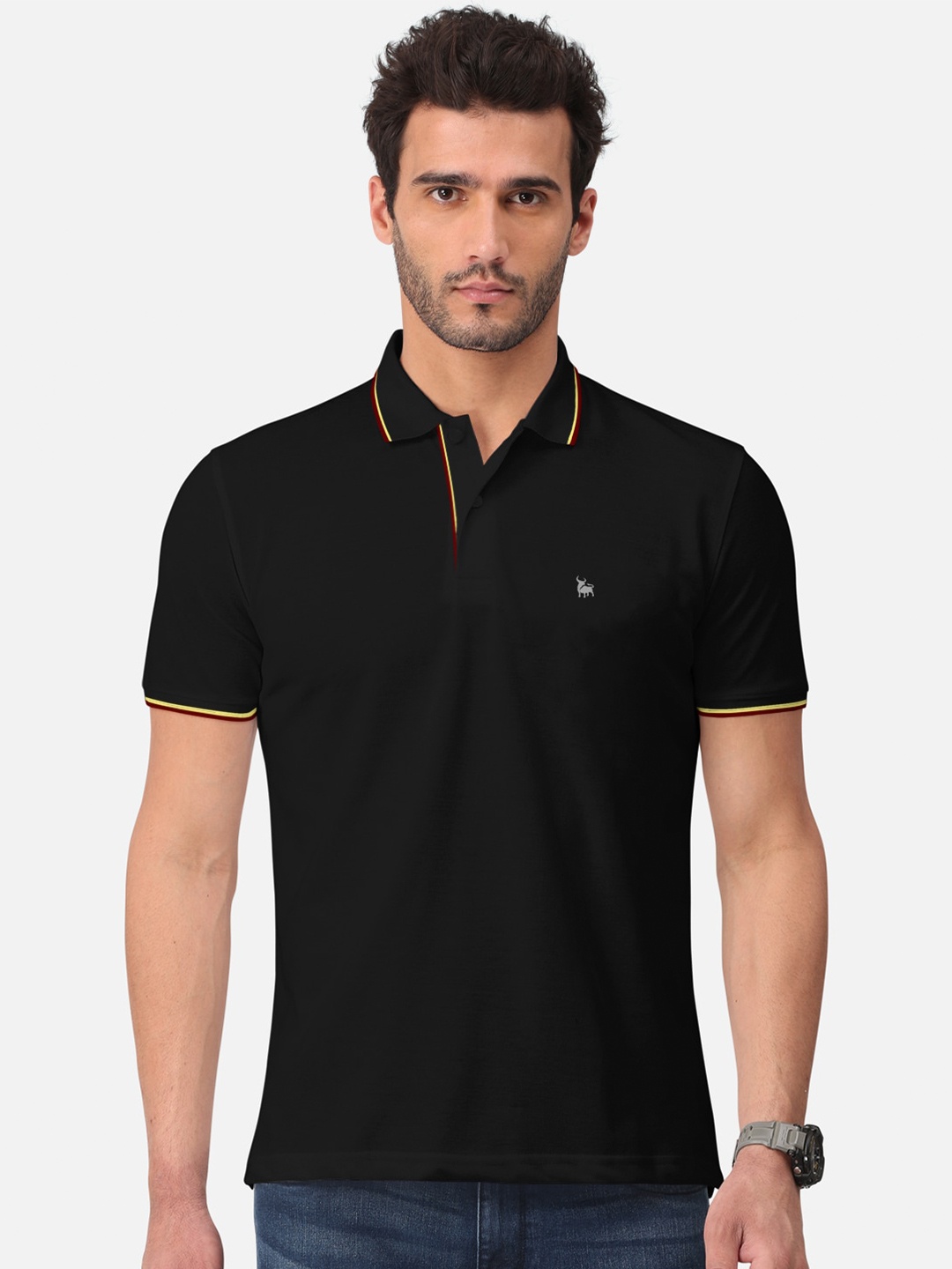 

BULLMER Polo Collar Cotton T-shirt, Black