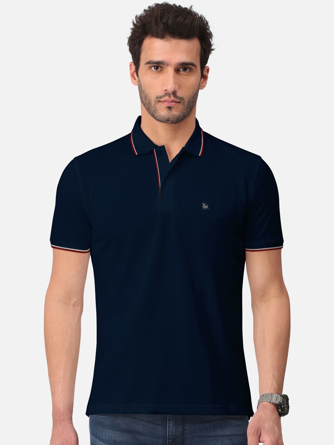 

BULLMER Polo Collar Cotton T-shirt, Navy blue