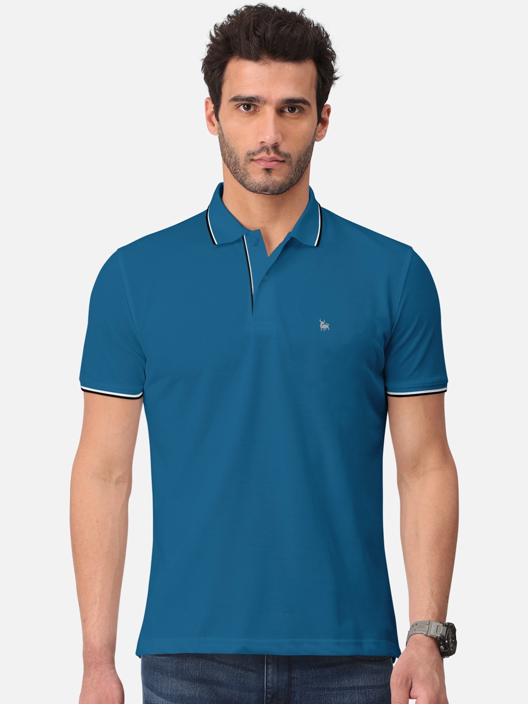 

BULLMER Polo Collar Cotton Casual T-shirt, Turquoise blue