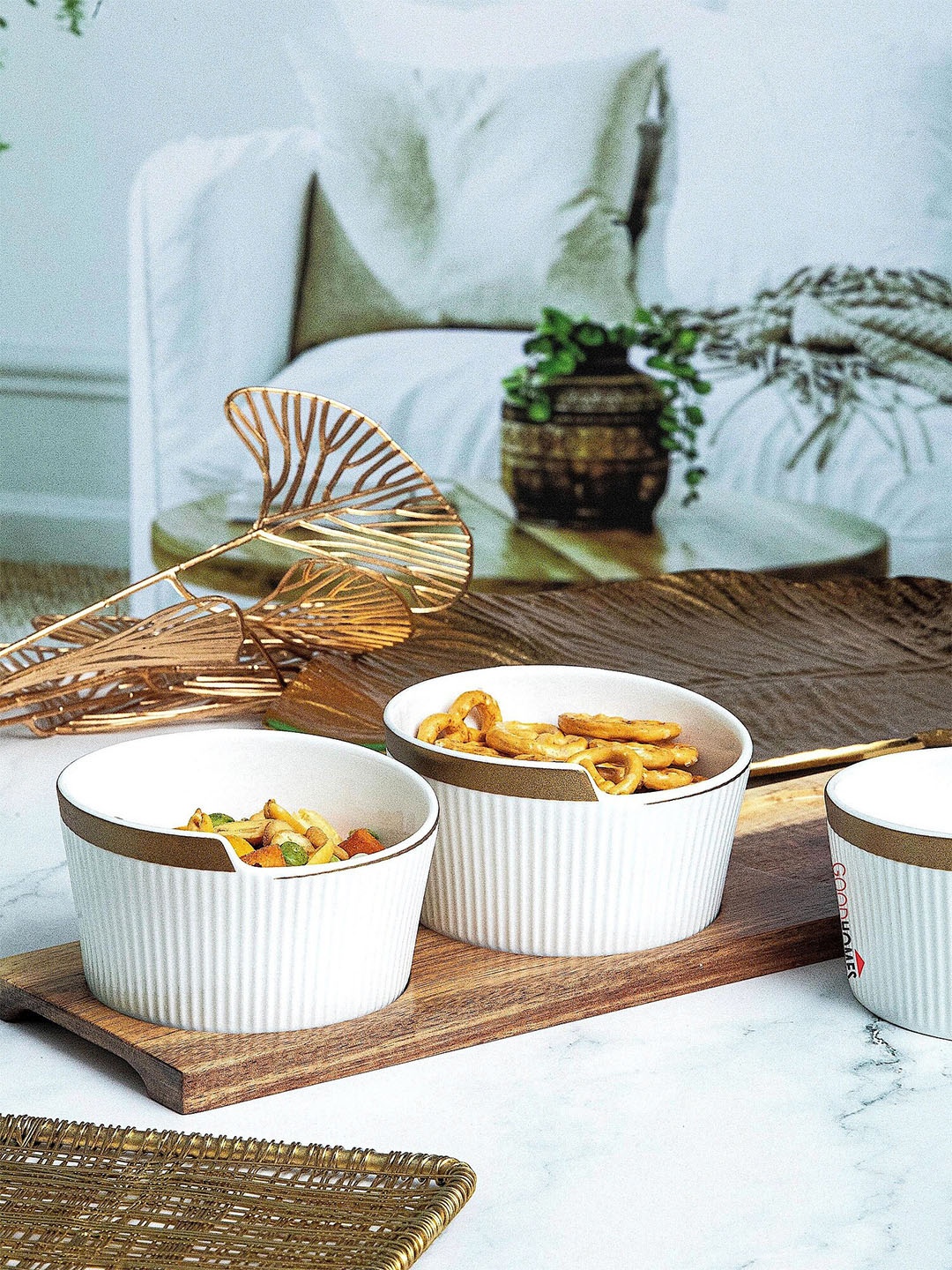 

GOODHOMES White & Gold-Toned 3 Pieces Porcelain Bowls & Wooden Tray 240 ml Each