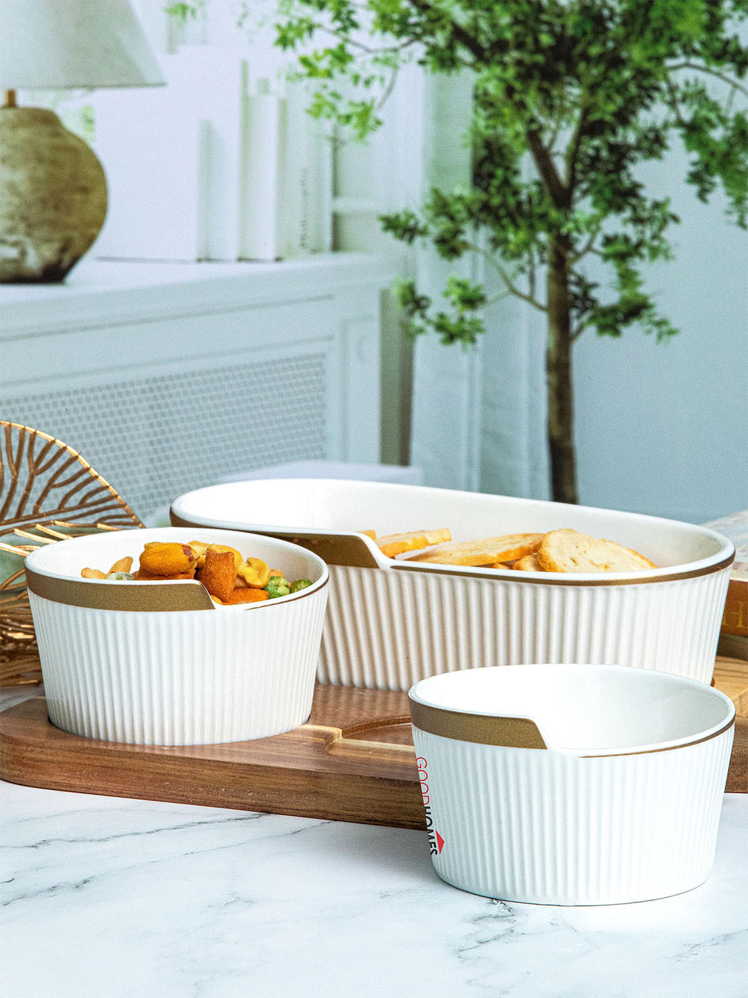 

GOODHOMES White & Gold-Toned 3 Pieces Porcelain Bowls With Wooden Tray 480 ml/240 ml Each