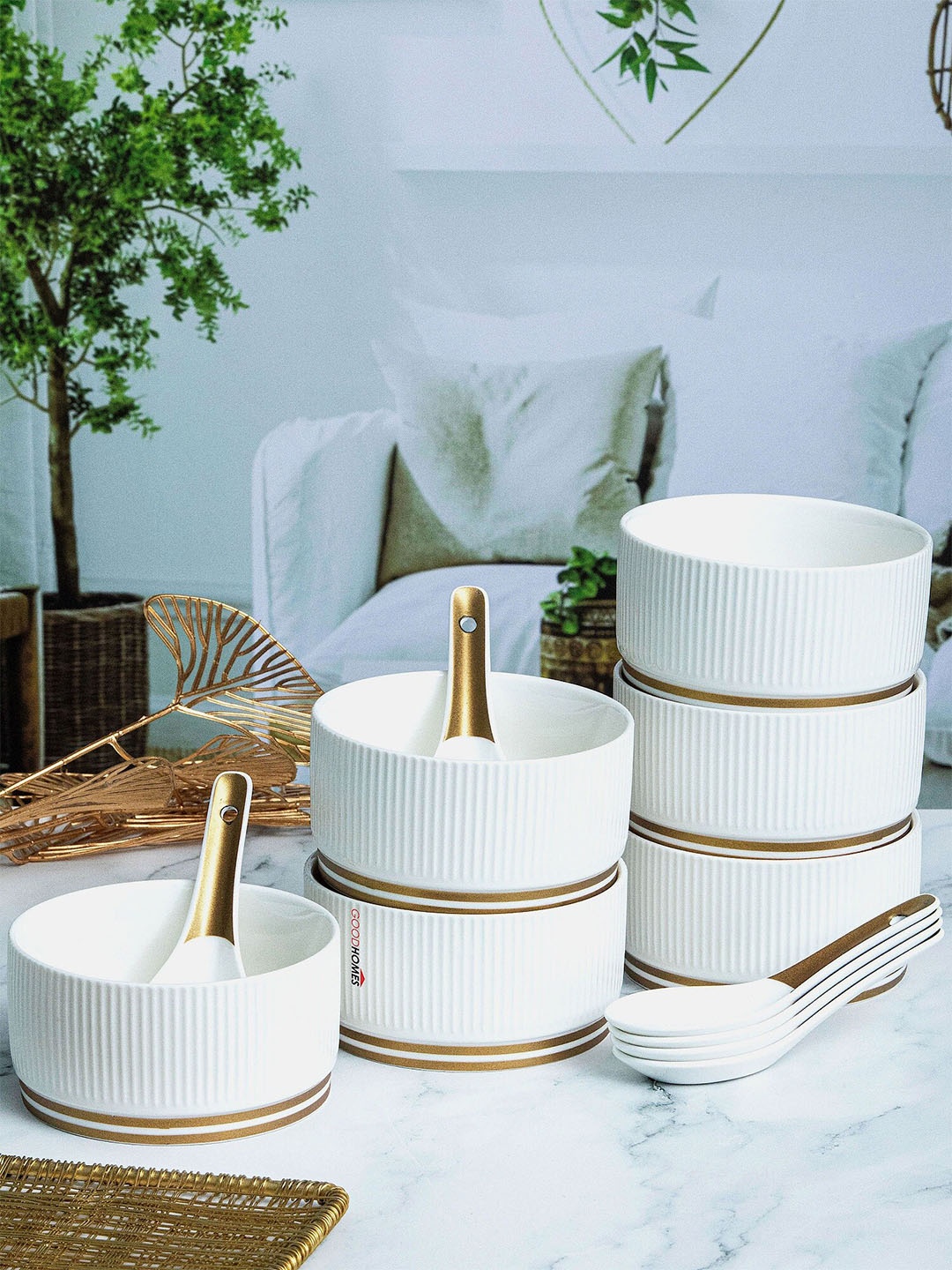 

GOODHOMES White & Gold-Toned 12 Pieces Printed Porcelain Soup Bowls & Spoons 350 ml Each