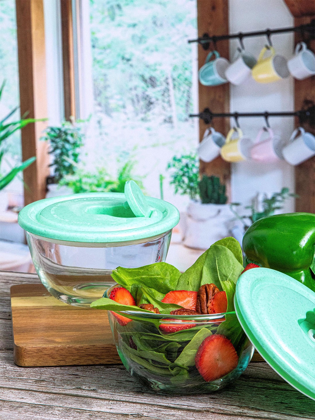 

GOODHOMES Transparent & Green 2 Pieces Glass Bowls With Lid 350 ml Each