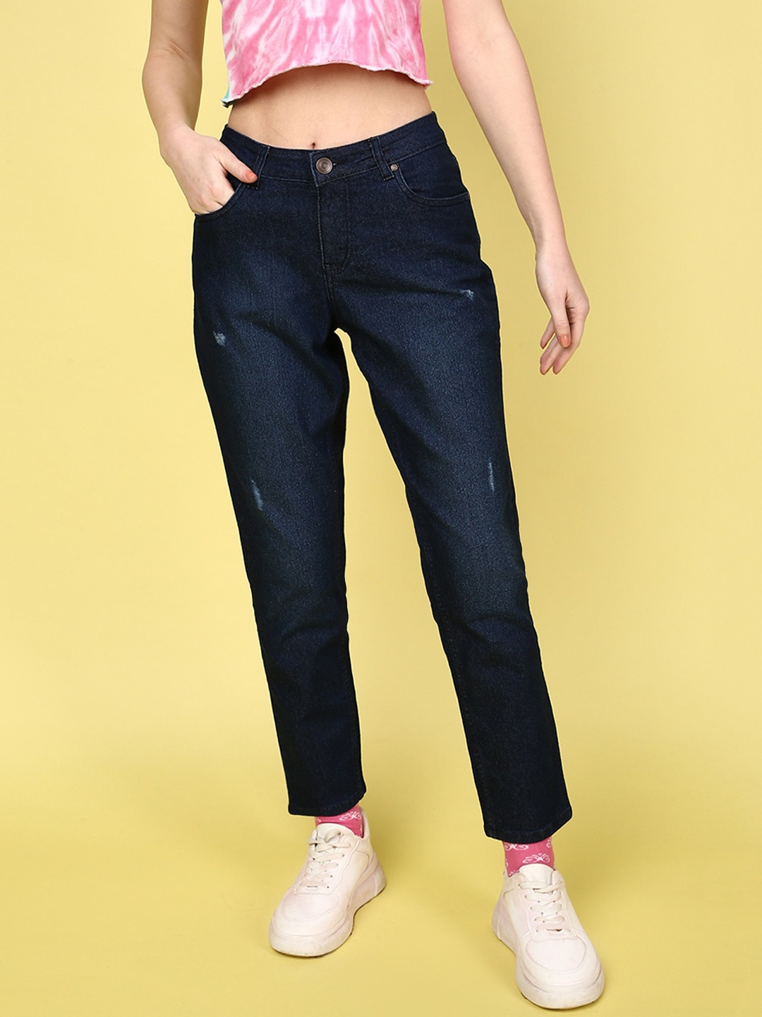 

JUNEBERRY Women Original Slim Fit Low Distress Light Fade Stretchable Cotton Jeans, Blue