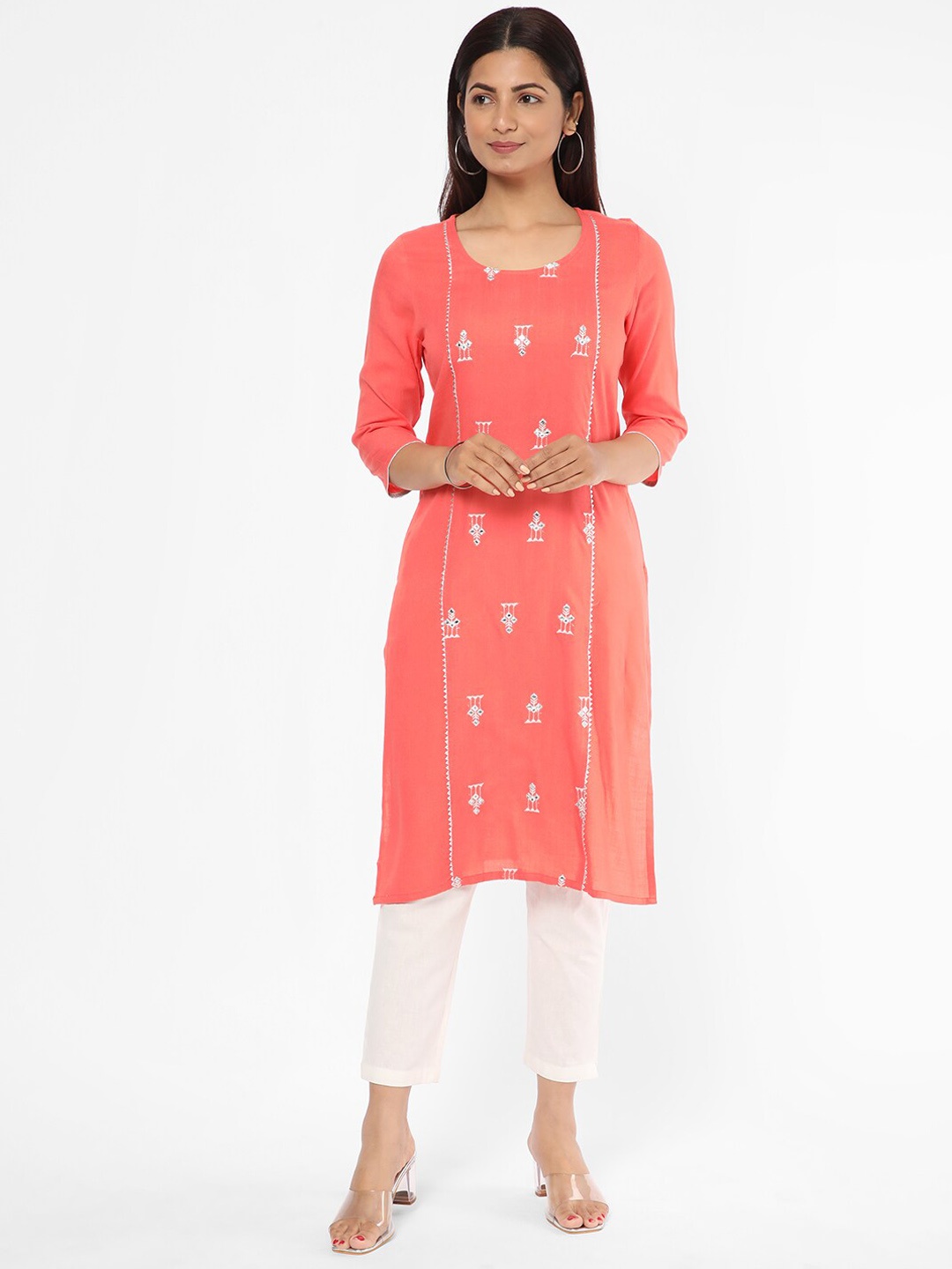 

R&B Ethnic Motifs Embroidered Gotta Patti Mirror Work Kurta, Peach