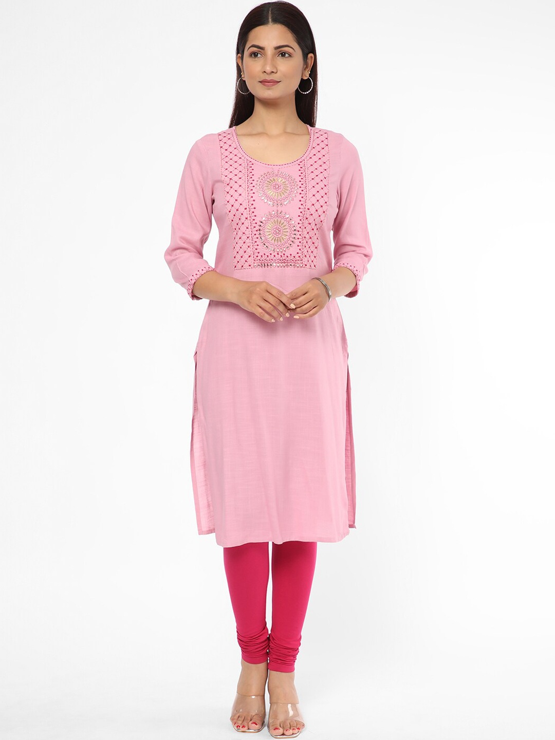 

R&B Geometric Embroidered Mirror Work Kurta, Pink