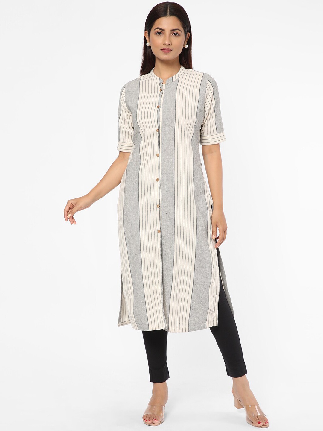 

R&B Striped Band Collar Pure Cotton Kurta, White