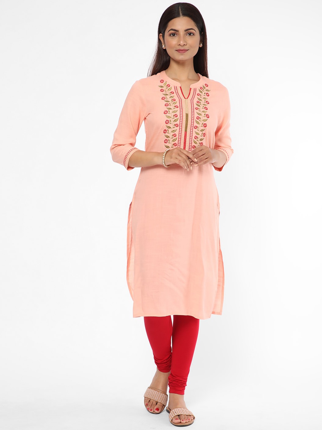 

R&B Floral Yoke Design Thread Work Regular Kurta, Peach