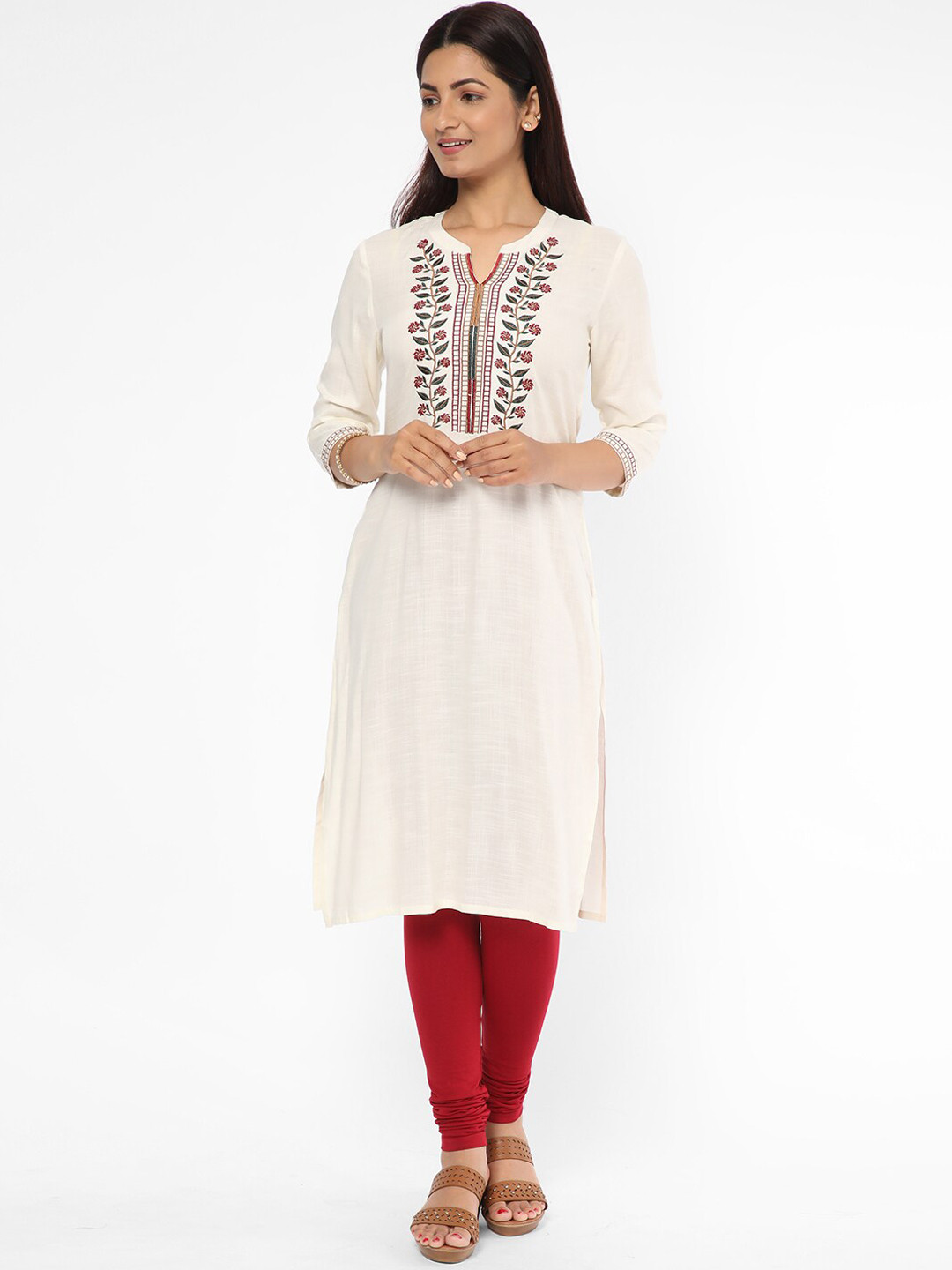 

R&B Floral Yoke Design Thread Work Band Collar Kurta, White