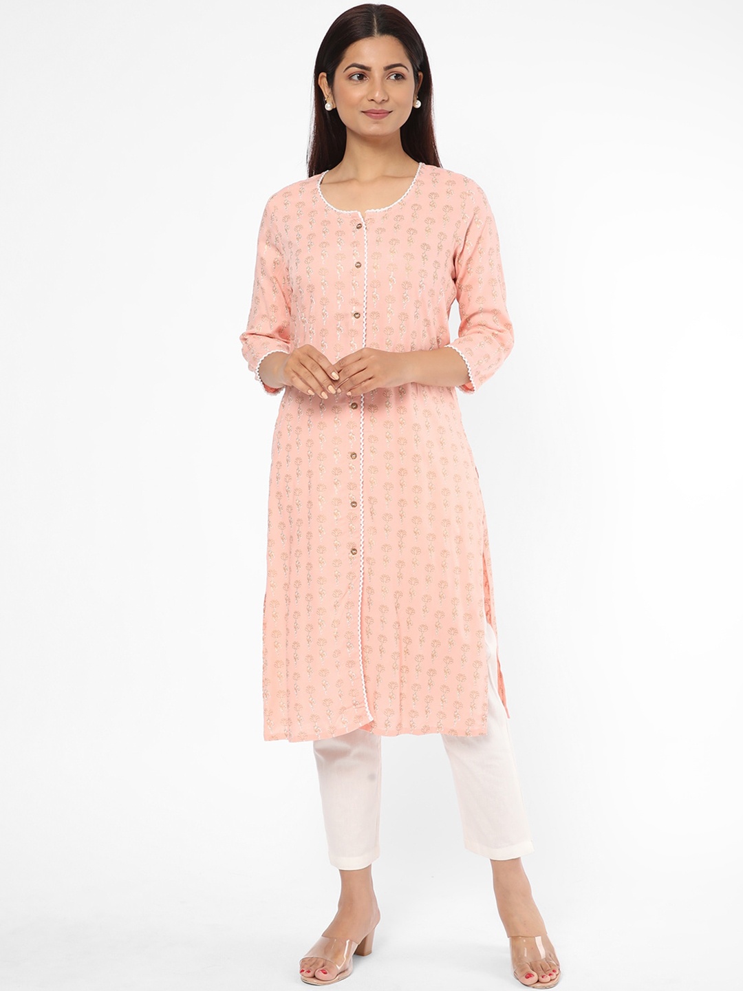 

R&B Floral Printed Round Neck Regular Kurta, Peach