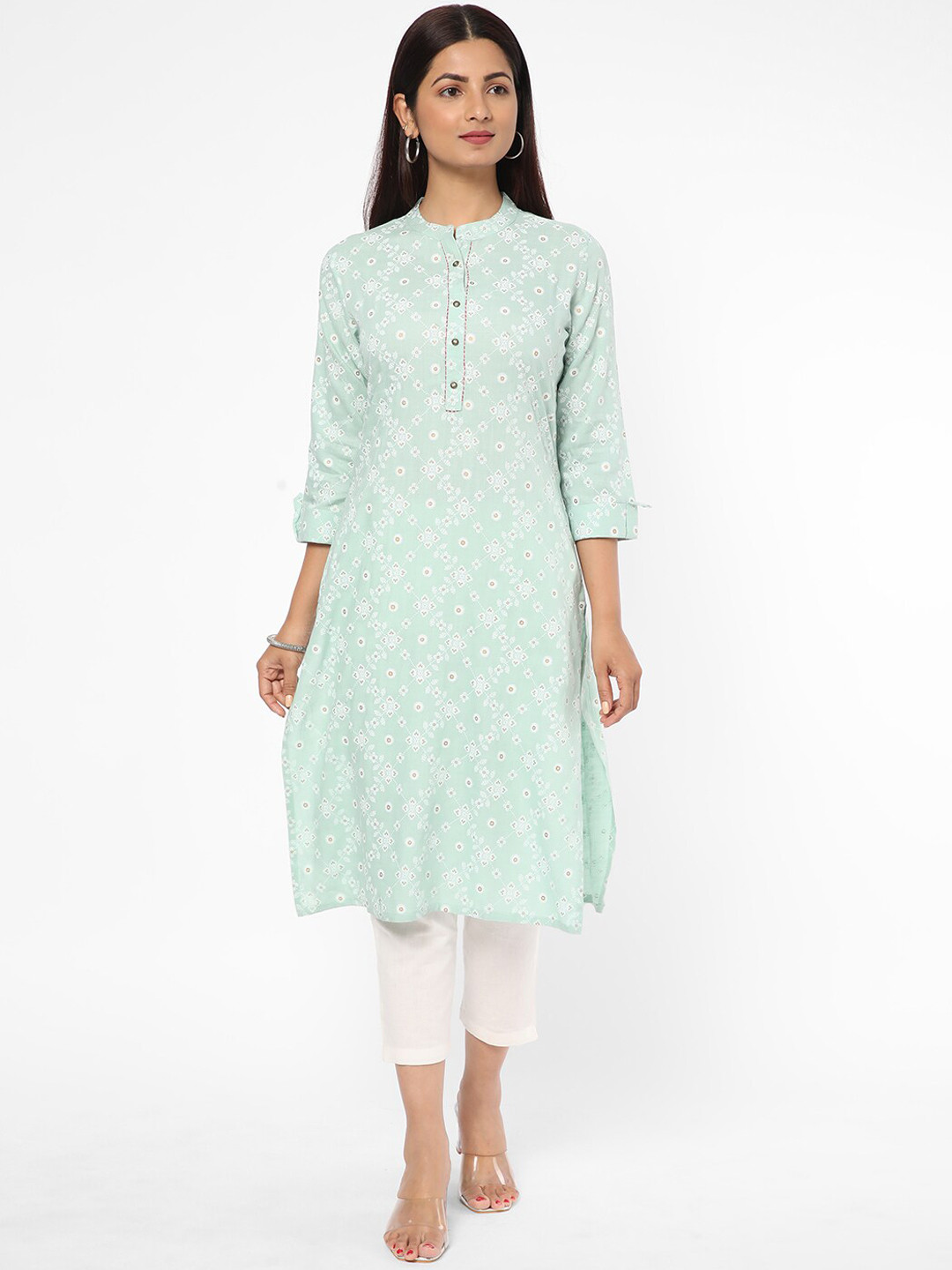 

R&B Floral Printed Mandarin Collar Kurta, Green