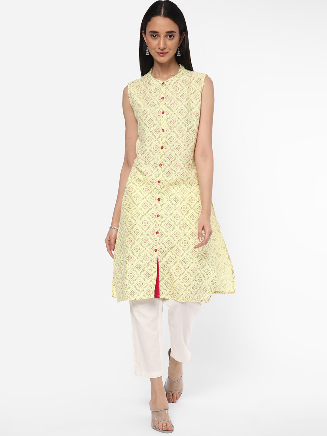 

R&B Etyhnic Motifs Printed Sleeveless A-Line Kurta, Lime green