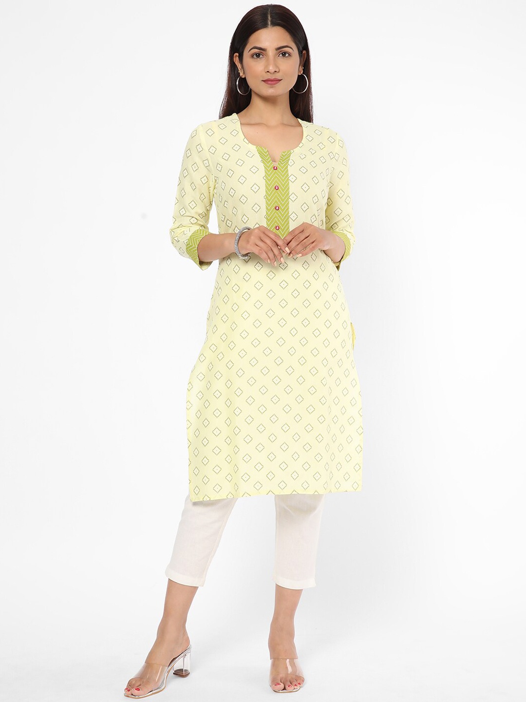 

R&B Ethnic Motifs Printed Notched Neck Straight Regular Kurta, Lime green