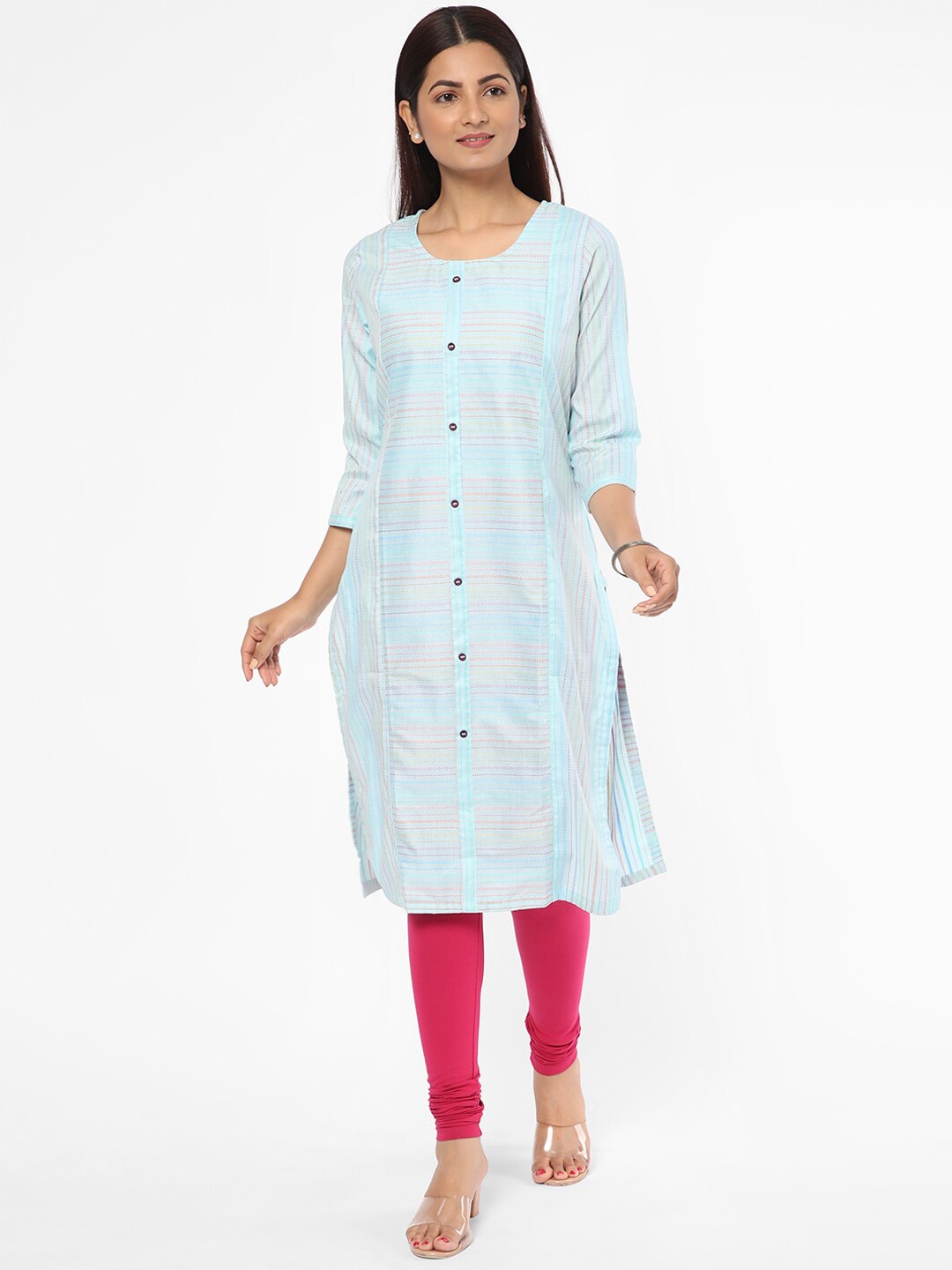 

R&B Striped Round Neck Straight Kurta, Green