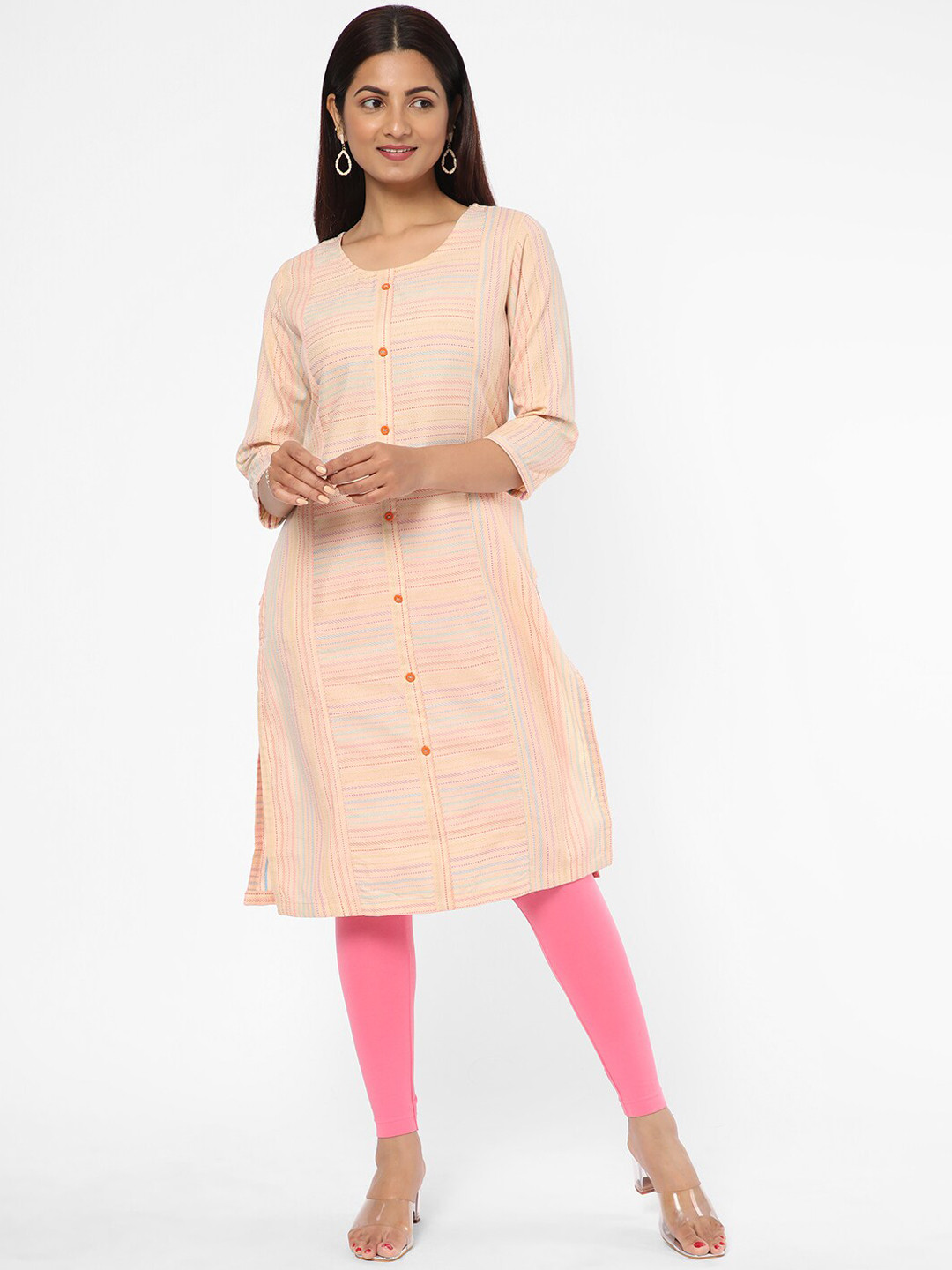

R&B Striped Round Neck Straight Kurta, Peach
