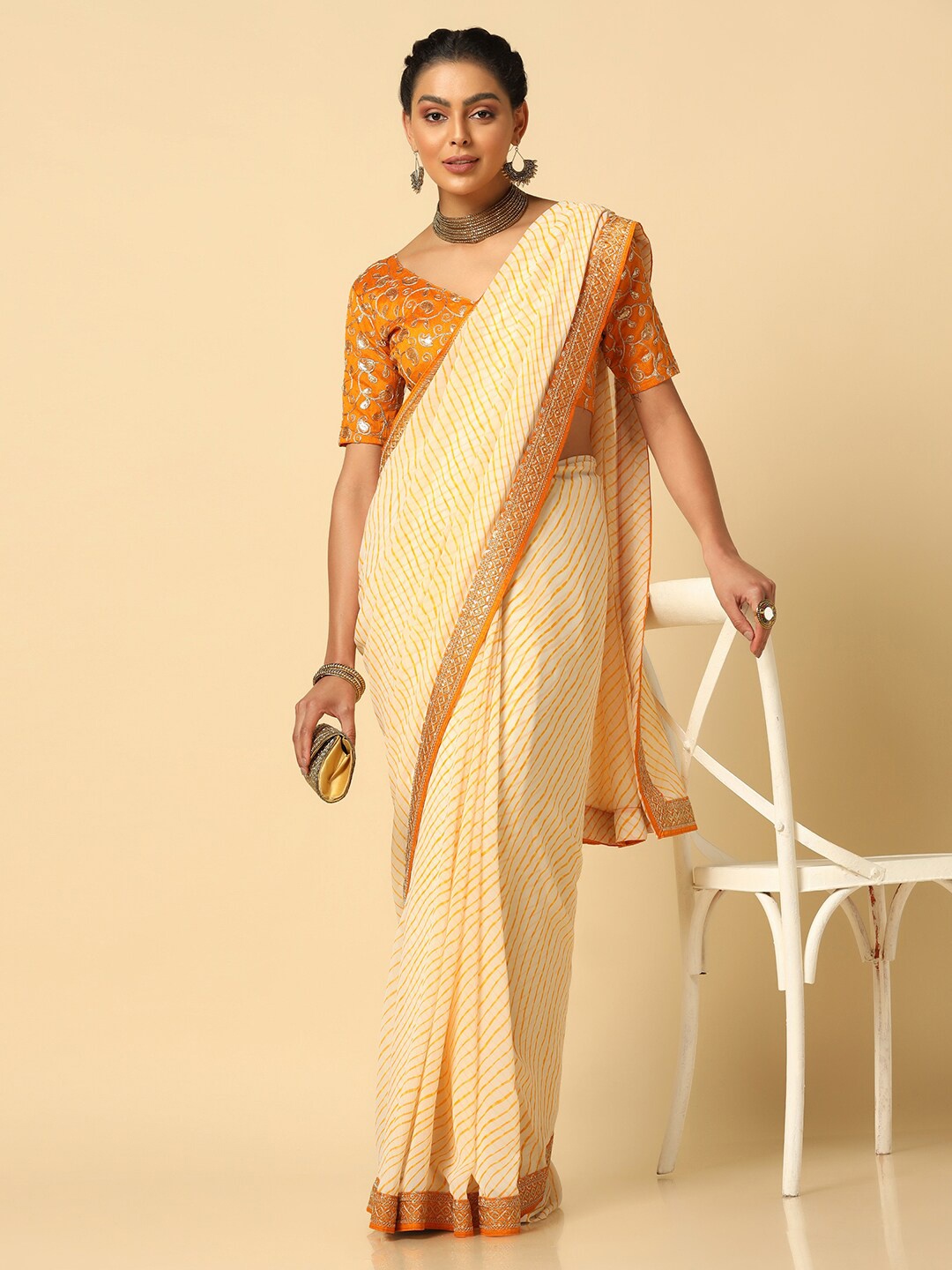 

KALINI Embroidered Leheriya Saree, Cream