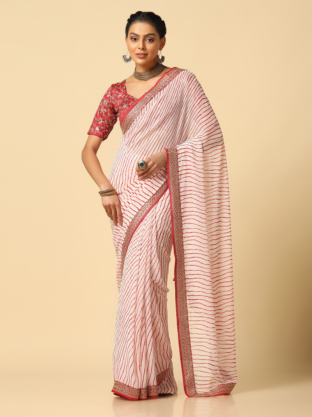 

KALINI Leheriya Printed Embroidered Poly Georgette Saree, Off white