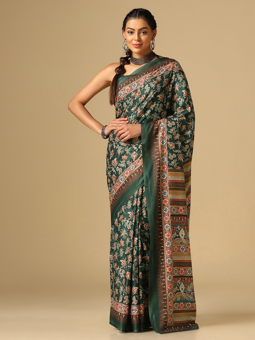 

Satrani Embroidered Border Floral Printed Saree, Green