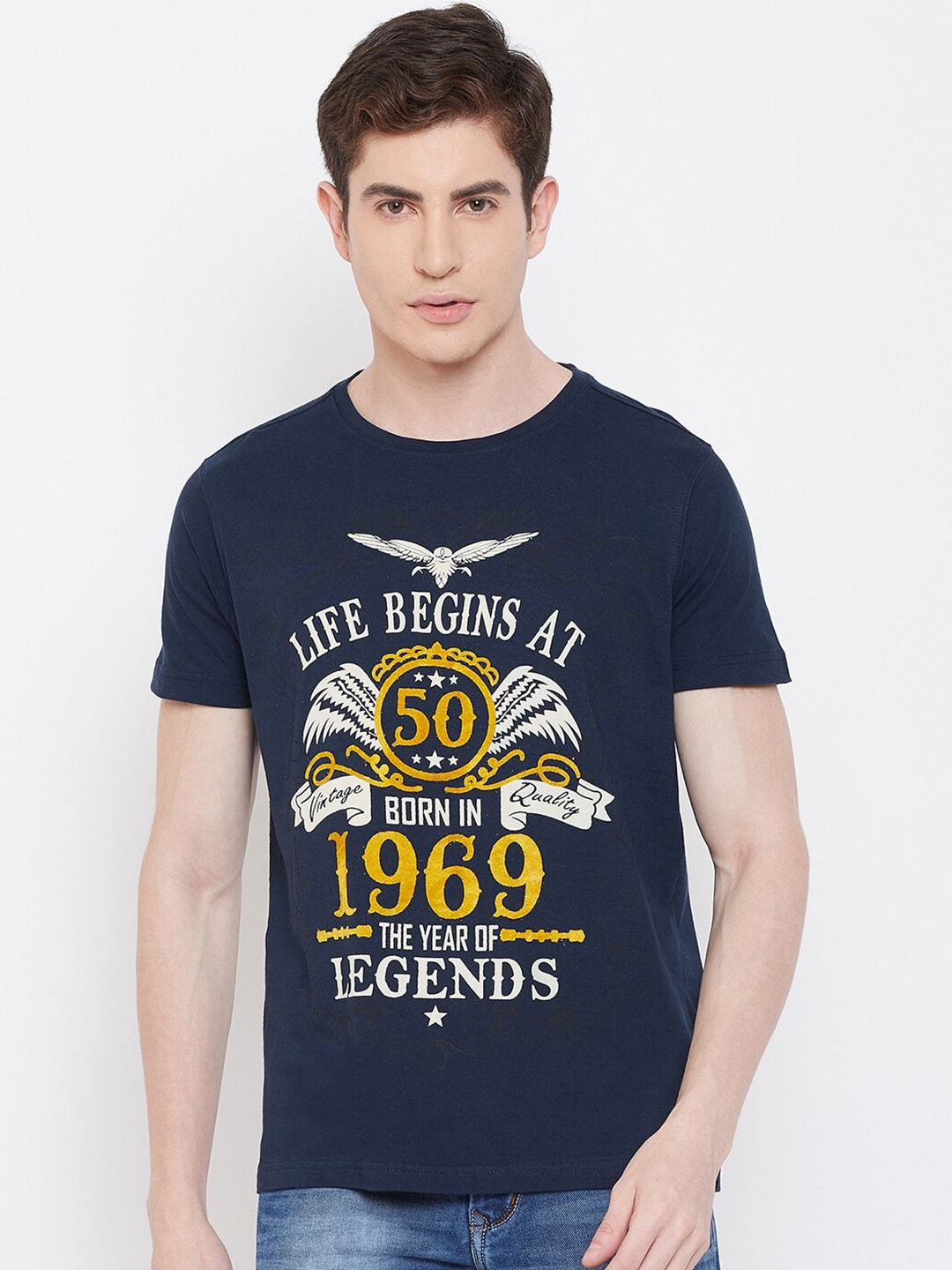 

PUNK Typography Printed Cotton T-shirt, Navy blue