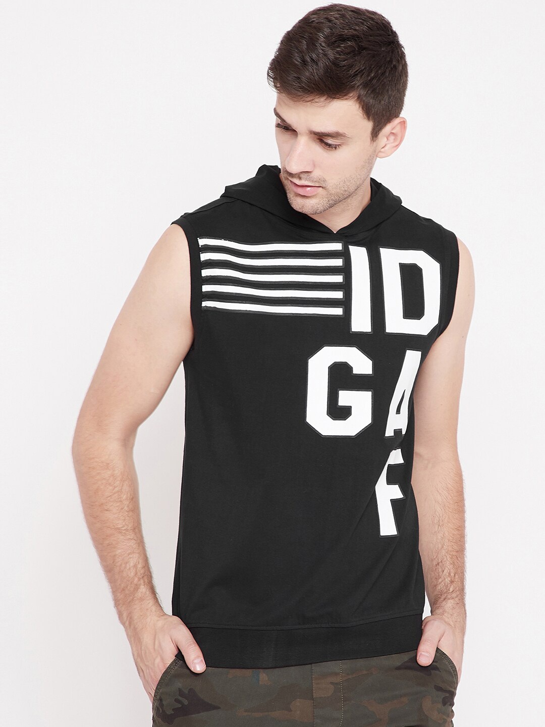 

PUNK Typography Printed Sleeveless Hooded Cotton T-shirt, Black