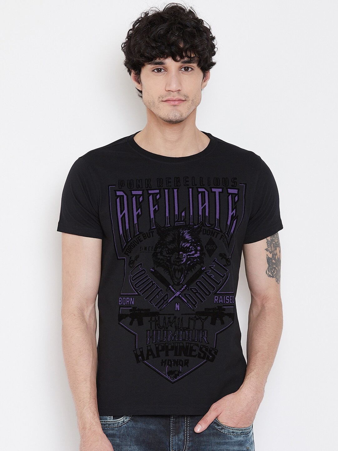

PUNK Typography Printed Cotton T-shirt, Black
