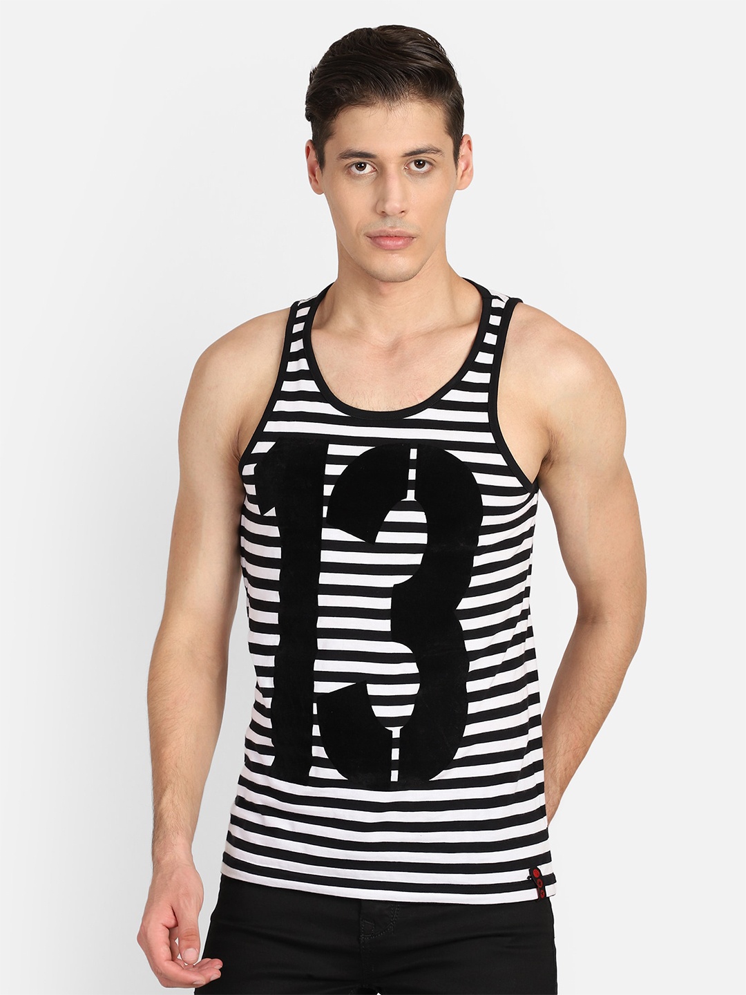 

PUNK Striped Monochrome Sleeveless Cotton T-shirt, Black