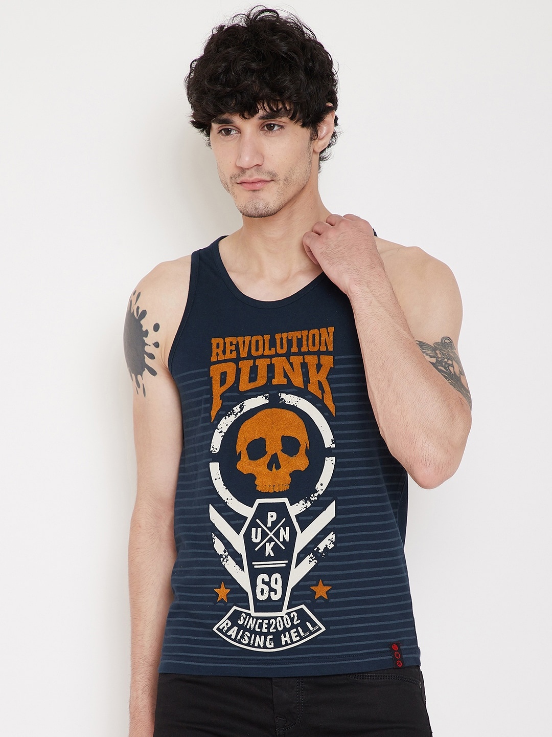 

PUNK Typography Printed Scoop Neck Cotton T-shirt, Navy blue