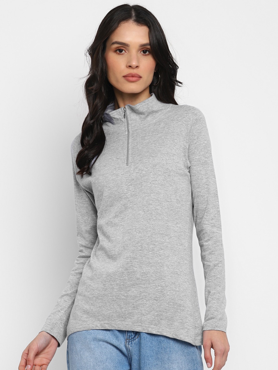 

appulse High Neck Long Sleeves Cotton T-shirt, Grey