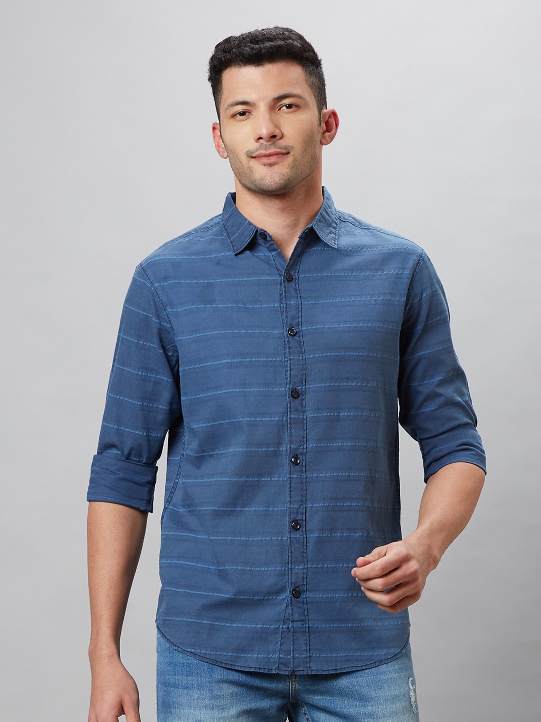

Globus Comfort Horizontal Stripe Pure Cotton Indigo Casual Shirt, Blue